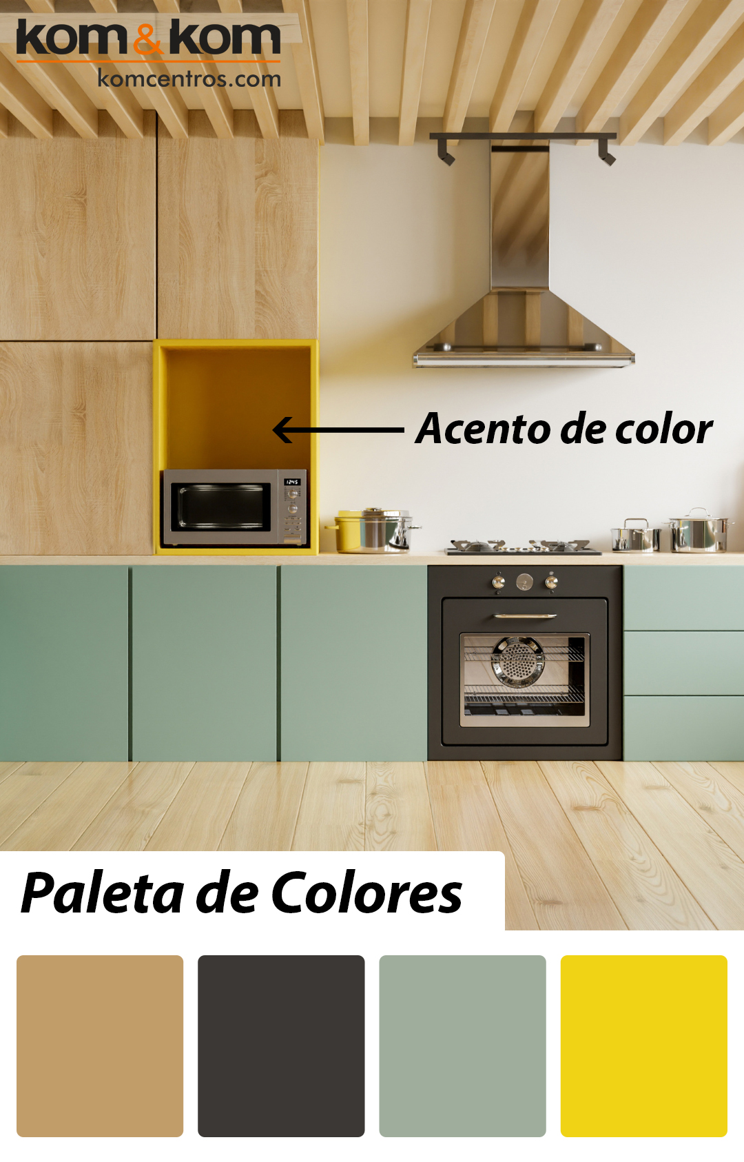 Paleta de colores de cocina madera + verde + amarillo